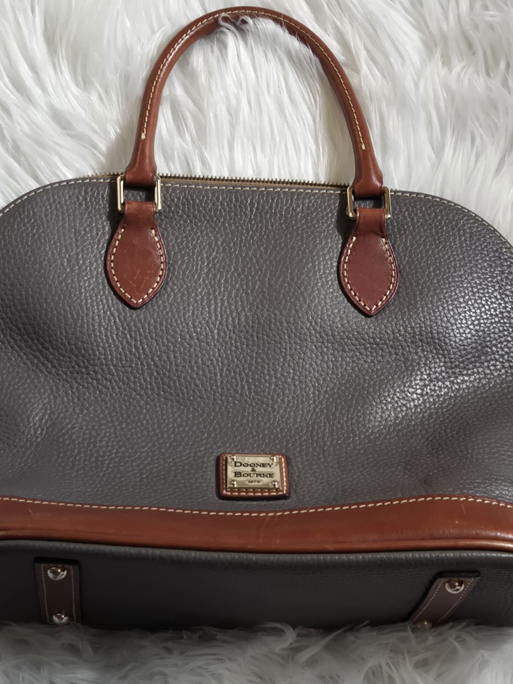 Dooney & Bourke Gray Leather Satchel with Tan Trim